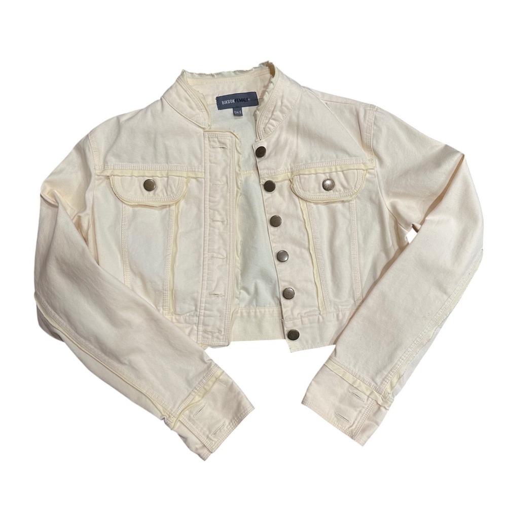 Bik Bok Female Cream Cropped Denim Jacket Raw Edge Cotton Small